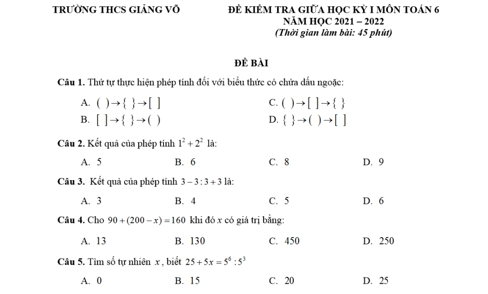 Toán 6: Đề kiểm tra giữa học kì 1. Trường THCS Giảng Võ năm học 2021-2022